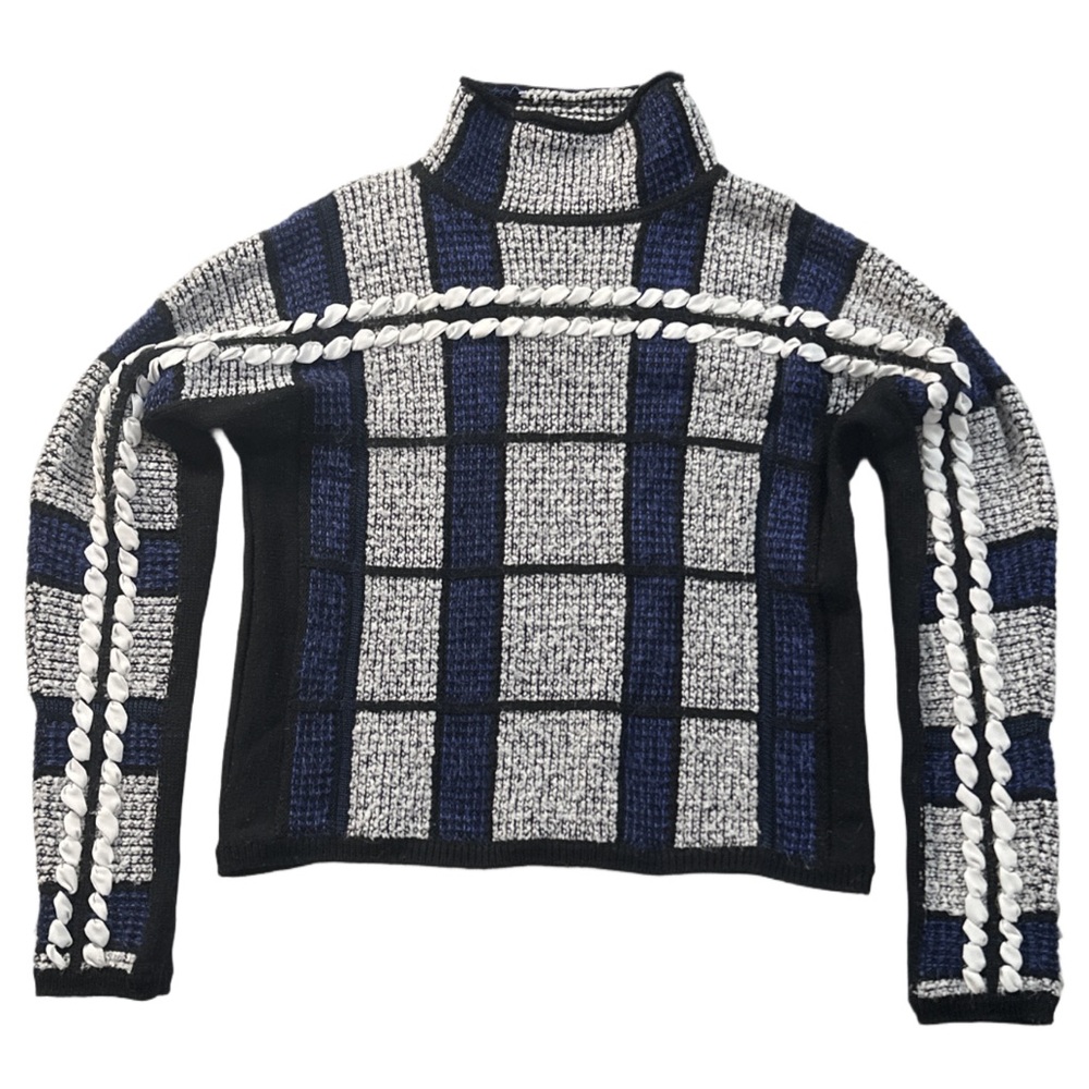 CLUB MONACO women's black/blue plaid woven mock neck sweater w/white ribbon, XS.